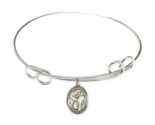 7 1/2 inch Round Double Loop Rhodium Bangle Bracelet with a Sterling Silver Saint Columbanus charm. Engraved Catholic Saint Jewelry