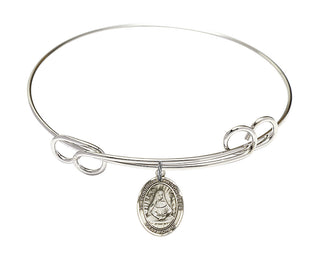 7 1/2 inch Round Double Loop Rhodium Bangle Bracelet with a Sterling Silver Saint Edburga of Winchester charm. Engraved Catholic Saint Jewelry