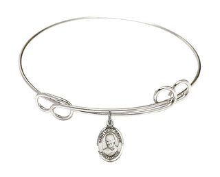 7 1/2 inch Round Double Loop Rhodium Bangle Bracelet with a Sterling Silver Saint Luigi Orione charm. Engraved Catholic Saint Jewelry