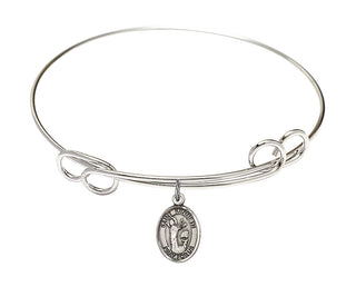 7 1/2 inch Round Double Loop Rhodium Bangle Bracelet with a Sterling Silver Saint Kenneth charm. Engraved Catholic Saint Jewelry