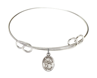 7 1/2 inch Round Double Loop Rhodium Bangle Bracelet with a Sterling Silver Saint Nimatullah charm. Engraved Catholic Saint Jewelry