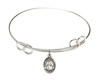 7 1/2 inch Round Double Loop Rhodium Bangle Bracelet with a Sterling Silver Saint John Chrysostom charm. Engraved Catholic Saint Jewelry