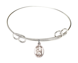 7 1/2 inch Round Double Loop Rhodium Bangle Bracelet with a Sterling Silver Saint Fina charm. Engraved Catholic Saint Jewelry
