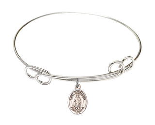 7 1/2 inch Round Double Loop Rhodium Bangle Bracelet with a Sterling Silver Saint Nathanael charm. Engraved Catholic Saint Jewelry
