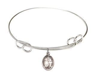 7 1/2 inch Round Double Loop Rhodium Bangle Bracelet with a Sterling Silver Saint Jeanne Chezard de Matel charm. Engraved Catholic Saint Jewelry