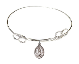 7 1/2 inch Round Double Loop Rhodium Bangle Bracelet with a Sterling Silver Saint Andre Bessette charm. Engraved Catholic Saint Jewelry