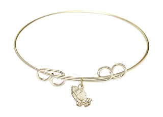8 inch Round Double Loop Hamilton Gold Bangle Bracelet with a 14kt Gold Filled Praying Hands charm.