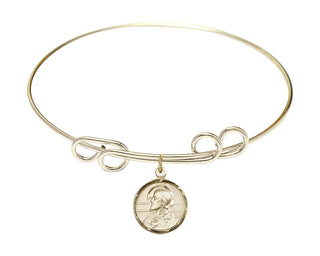 8 inch Round Double Loop Hamilton Gold Bangle Bracelet with a 14kt Gold Filled Scapular charm. Engraved Catholic Saint Jewelry