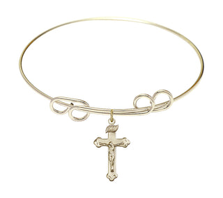 8 inch Round Double Loop Hamilton Gold Bangle Bracelet with a 14kt Gold Filled Crucifix charm.