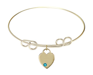 8 inch Round Double Loop Hamilton Gold Bangle Bracelet with a 14kt Gold Filled Heart charm. Engraved Catholic Saint Jewelry