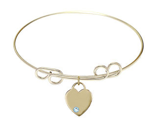8 inch Round Double Loop Hamilton Gold Bangle Bracelet with a 14kt Gold Filled Heart charm. Engraved Catholic Saint Jewelry