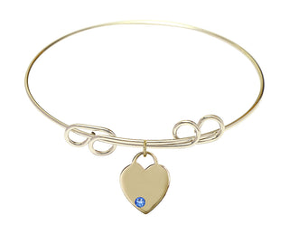 8 inch Round Double Loop Hamilton Gold Bangle Bracelet with a 14kt Gold Filled Heart charm. Engraved Catholic Saint Jewelry