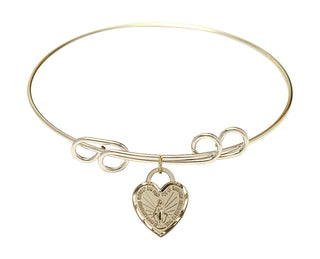8 inch Round Double Loop Hamilton Gold Bangle Bracelet with a 14kt Gold Filled Miraculous Heart charm. Engraved Catholic Saint Jewelry