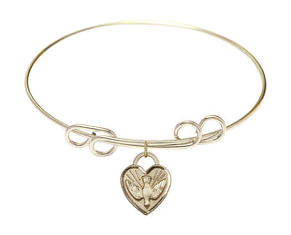 8 inch Round Double Loop Hamilton Gold Bangle Bracelet with a 14kt Gold Filled Confirmation Heart charm. Engraved Catholic Saint Jewelry
