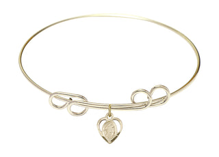 8 inch Round Double Loop Hamilton Gold Bangle Bracelet with a 14kt Gold Filled Guardian Angel charm. Engraved Catholic Saint Jewelry