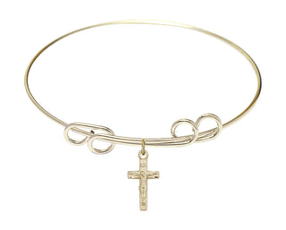 8 inch Round Double Loop Hamilton Gold Bangle Bracelet with a 14kt Gold Filled Crucifix charm.