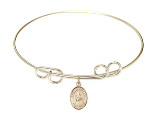 8 inch Round Double Loop Hamilton Gold Bangle Bracelet with a 14kt Gold Filled Saint Bernadette charm. Engraved Catholic Saint Jewelry