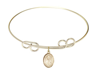 8 inch Round Double Loop Hamilton Gold Bangle Bracelet with a 14kt Gold Filled Saint Dennis charm. Engraved Catholic Saint Jewelry