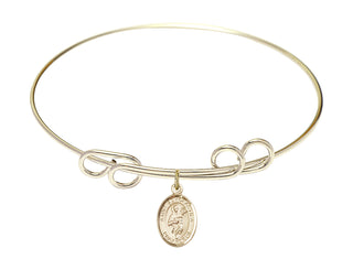 8 inch Round Double Loop Hamilton Gold Bangle Bracelet with a 14kt Gold Filled Saint Scholastica charm. Engraved Catholic Saint Jewelry