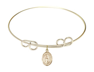 8 inch Round Double Loop Hamilton Gold Bangle Bracelet with a 14kt Gold Filled Saint Juan Diego charm. Engraved Catholic Saint Jewelry