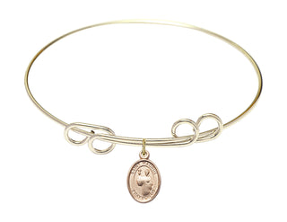 8 inch Round Double Loop Hamilton Gold Bangle Bracelet with a 14kt Gold Filled Saint Maurus charm. Engraved Catholic Saint Jewelry