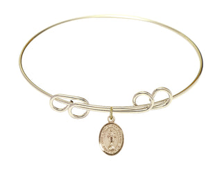 8 inch Round Double Loop Hamilton Gold Bangle Bracelet with a 14kt Gold Filled Our Lady of All Nations charm. Engraved Catholic Saint Jewelry