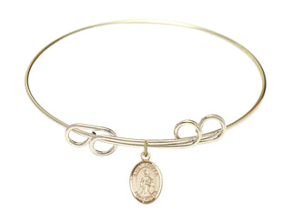 8 inch Round Double Loop Hamilton Gold Bangle Bracelet with a 14kt Gold Filled Saint Angela Merici charm. Engraved Catholic Saint Jewelry