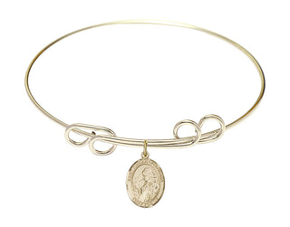 8 inch Round Double Loop Hamilton Gold Bangle Bracelet with a 14kt Gold Filled Saint Finnian of Clonard charm. Engraved Catholic Saint Jewelry