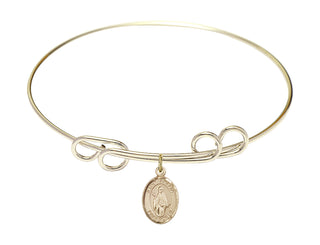 8 inch Round Double Loop Hamilton Gold Bangle Bracelet with a 14kt Gold Filled Saint Amelia charm. Engraved Catholic Saint Jewelry