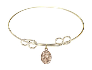 8 inch Round Double Loop Hamilton Gold Bangle Bracelet with a 14kt Gold Filled Saint Columbanus charm. Engraved Catholic Saint Jewelry