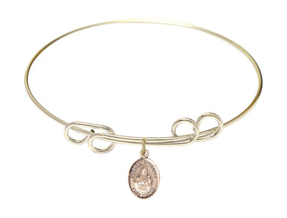 8 inch Round Double Loop Hamilton Gold Bangle Bracelet with a 14kt Gold Filled Our Lady of Grapes charm. Engraved Catholic Saint Jewelry