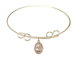 8 inch Round Double Loop Hamilton Gold Bangle Bracelet with a 14kt Gold Filled Saint John Berchmans charm. Engraved Catholic Saint Jewelry