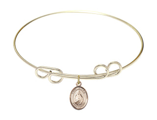 8 inch Round Double Loop Hamilton Gold Bangle Bracelet with a 14kt Gold Filled Saint Theodora charm. Engraved Catholic Saint Jewelry