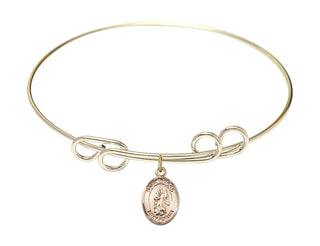 8 inch Round Double Loop Hamilton Gold Bangle Bracelet with a 14kt Gold Filled Saint Drogo charm. Engraved Catholic Saint Jewelry