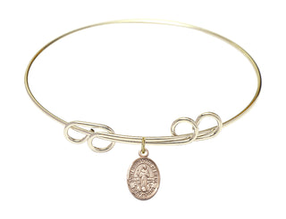 8 inch Round Double Loop Hamilton Gold Bangle Bracelet with a 14kt Gold Filled Saint Bernadine of Sienna charm. Engraved Catholic Saint Jewelry