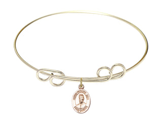 8 inch Round Double Loop Hamilton Gold Bangle Bracelet with a 14kt Gold Filled Blessed Miguel Pro charm. Engraved Catholic Saint Jewelry