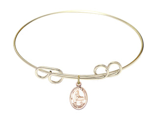 8 inch Round Double Loop Hamilton Gold Bangle Bracelet with a 14kt Gold Filled Blessed Emilee Doultremont charm. Engraved Catholic Saint Jewelry