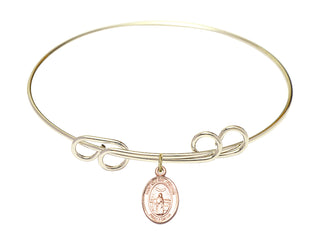 8 inch Round Double Loop Hamilton Gold Bangle Bracelet with a 14kt Gold Filled Saint Medard of Noyon charm. Engraved Catholic Saint Jewelry