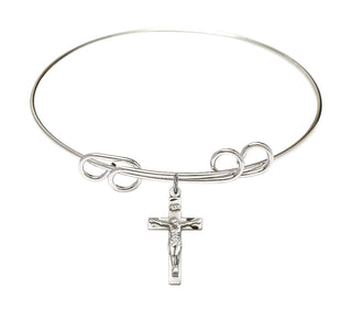 8 inch Round Double Loop Rhodium Bangle Bracelet with a Sterling Silver Crucifix charm.