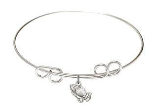 8 inch Round Double Loop Rhodium Bangle Bracelet with a Sterling Silver Praying Hands charm.