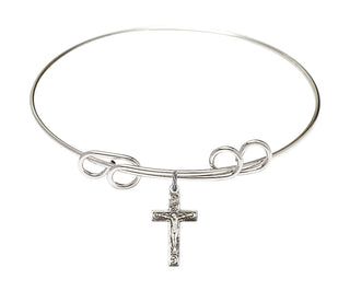 8 inch Round Double Loop Rhodium Bangle Bracelet with a Sterling Silver Crucifix charm.