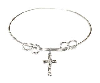 8 inch Round Double Loop Rhodium Bangle Bracelet with a Sterling Silver Cross charm.