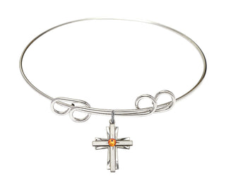 8 inch Round Double Loop Rhodium Bangle Bracelet with a Sterling Silver Cross charm.