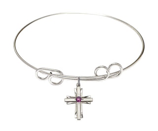 8 inch Round Double Loop Rhodium Bangle Bracelet with a Sterling Silver Cross charm.