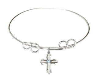 8 inch Round Double Loop Rhodium Bangle Bracelet with a Sterling Silver Cross charm.