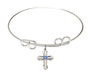 8 inch Round Double Loop Rhodium Bangle Bracelet with a Sterling Silver Cross charm.
