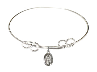8 inch Round Double Loop Rhodium Bangle Bracelet with a Sterling Silver Miraculous charm.