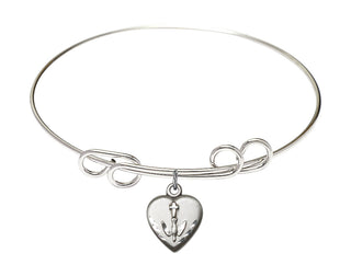 8 inch Round Double Loop Rhodium Bangle Bracelet with a Sterling Silver Heart / Confirmation charm.