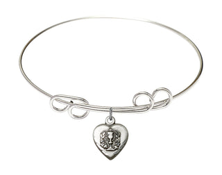8 inch Round Double Loop Rhodium Bangle Bracelet with a Sterling Silver Heart / Communion charm.