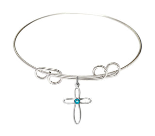 8 inch Round Double Loop Rhodium Bangle Bracelet with a Sterling Silver Loop Cross charm.